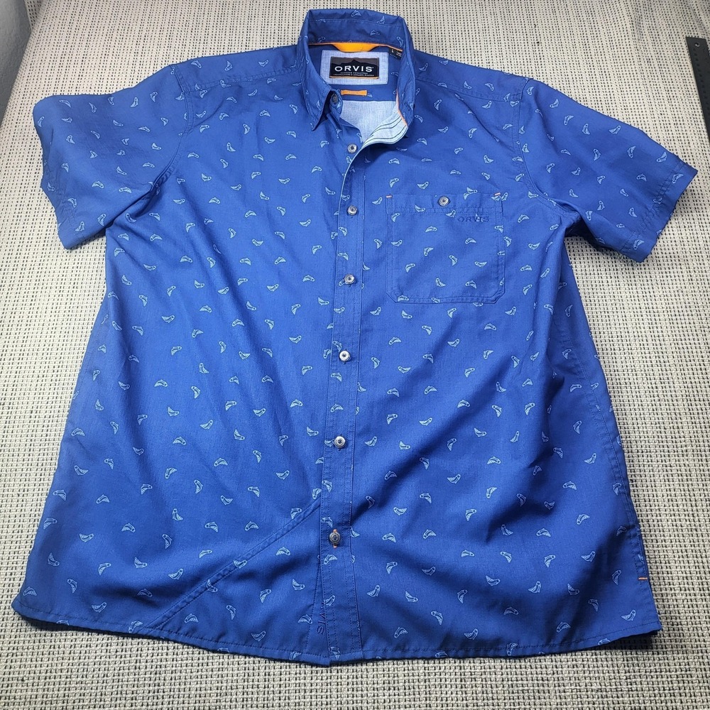 Orvis Shirt Mens Large Blue Fish Short Sleeve Button Front Outdoor